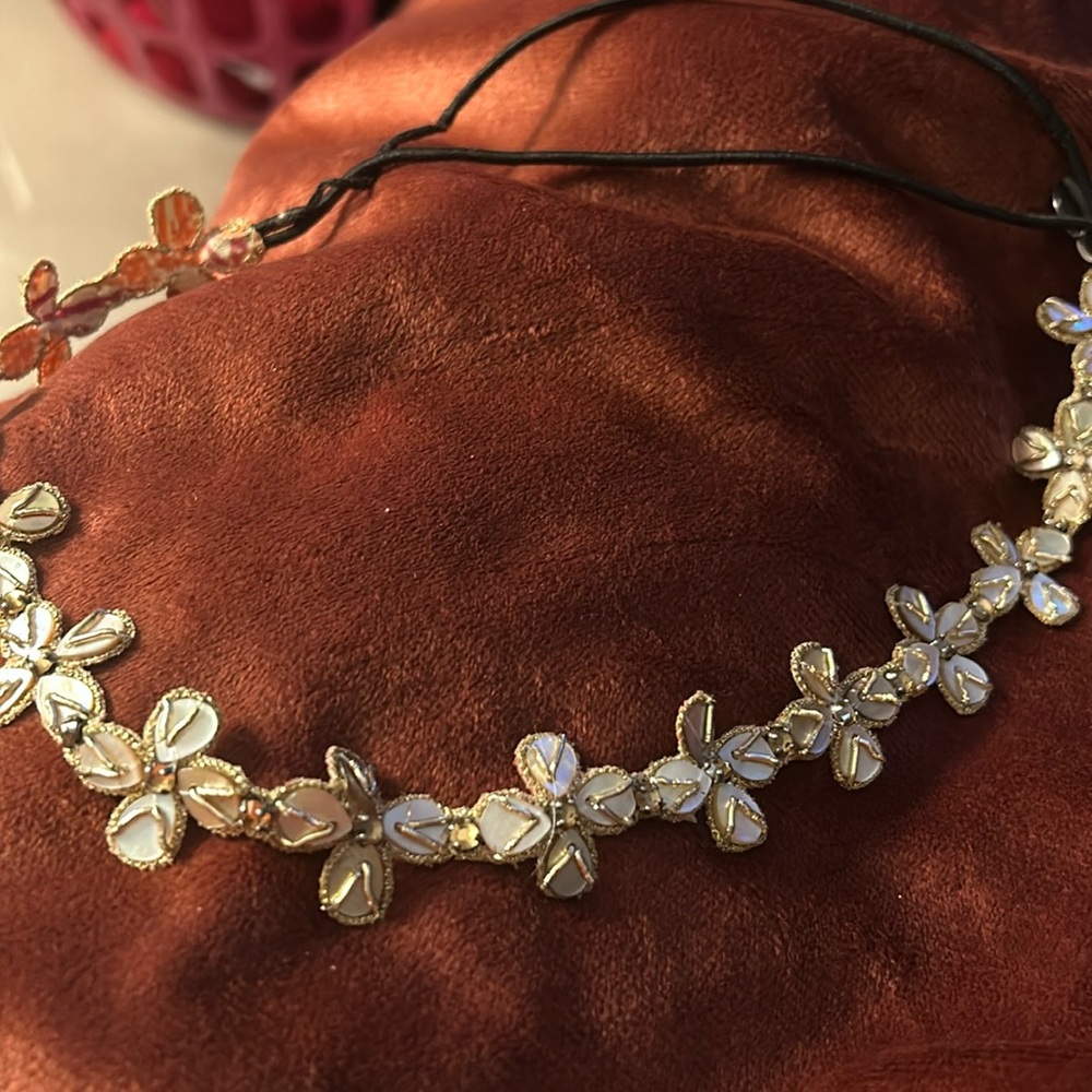 Vintage head band, glitter thread, mother of pearl colored shell & gold beads.